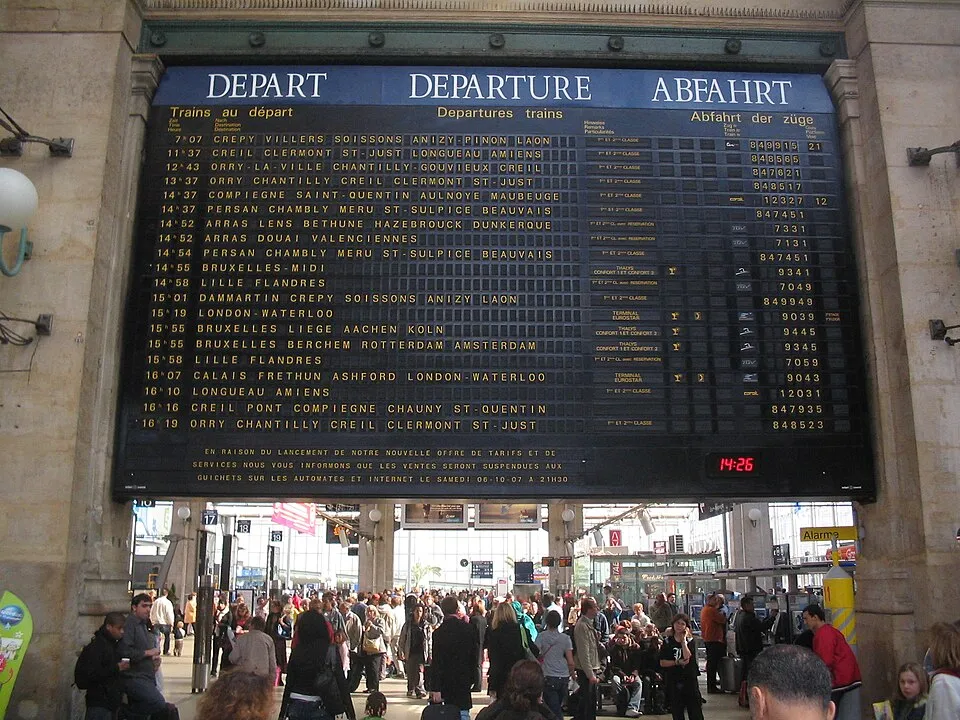 Rail departure board at Paris Gare du Nord, illustrating rail timetables and ticket choices