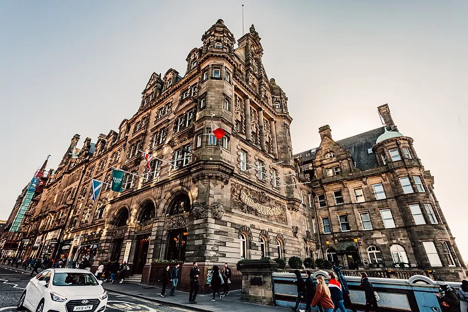 The Scotsman Hotel exterior in Edinburgh, representing accommodation close to city-centre rail travel