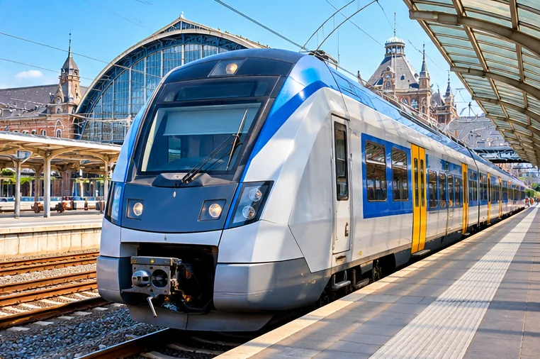 European passenger train at an architecturally detailed railway station
